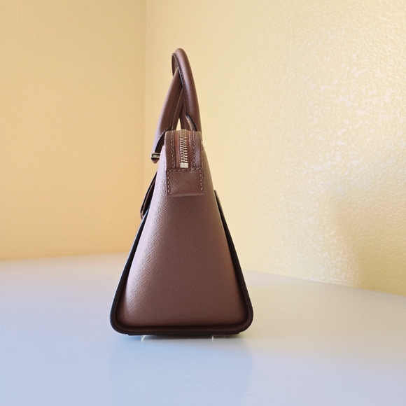 Michael Kors MK Classic Logo Hudson Saffiano Leather Handbag Satchel Brown Gold - Picture 6 of 16